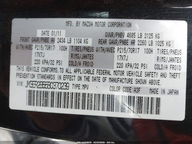 44459929 :رقم المزاد ، JM3ER2B55B0370239 vin ، 2011 Mazda Cx-7 I Sport مزاد بيع
