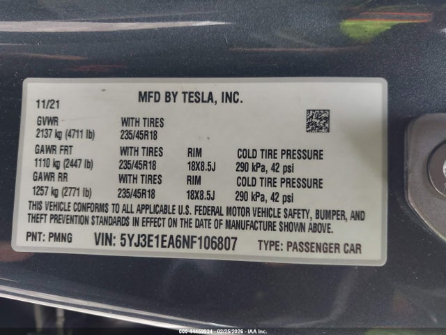 Продаж на аукціоні авто 2022 Tesla Model 3 Rear-wheel Drive, vin: 5YJ3E1EA6NF106807, номер лоту: 44459934