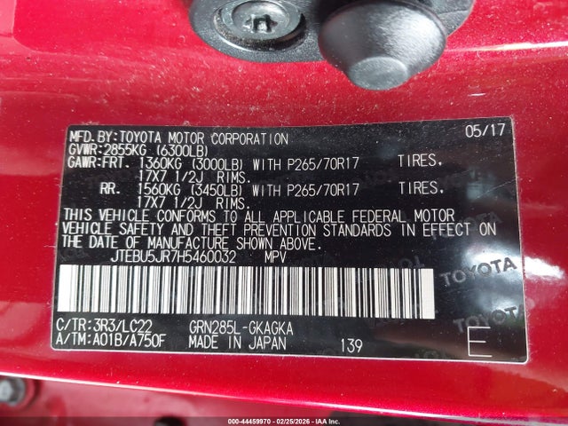 JTEBU5JR7H5460032 Toyota 4runner Trd Off Road Premium
