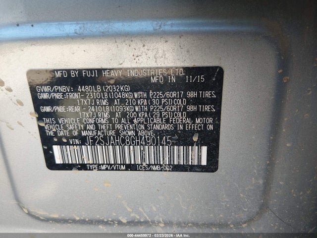 Aukcja sprzedaży 2016 Subaru Forester 2.5i Limited, vin: JF2SJAHC8GH490145, numer aukcji: 44459972