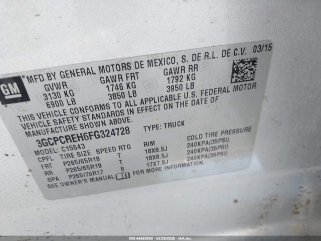 3GCPCREH6FG324728 Chevrolet Silverado 1500 1lt
