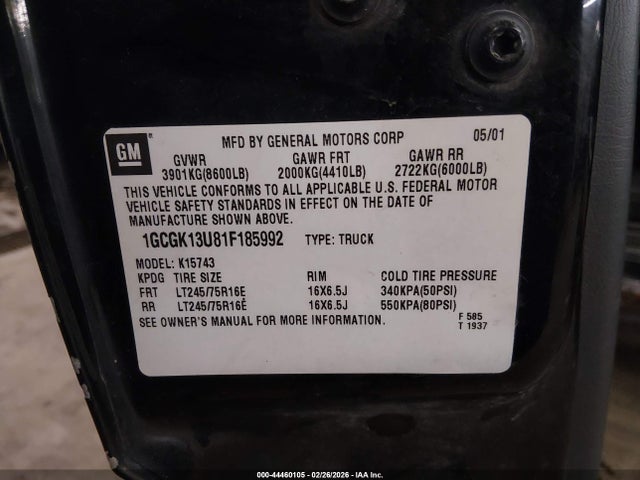 Продаж на аукціоні авто 2001 Chevrolet Silverado 1500hd Ls, vin: 1GCGK13U81F185992, номер лоту: 44460105