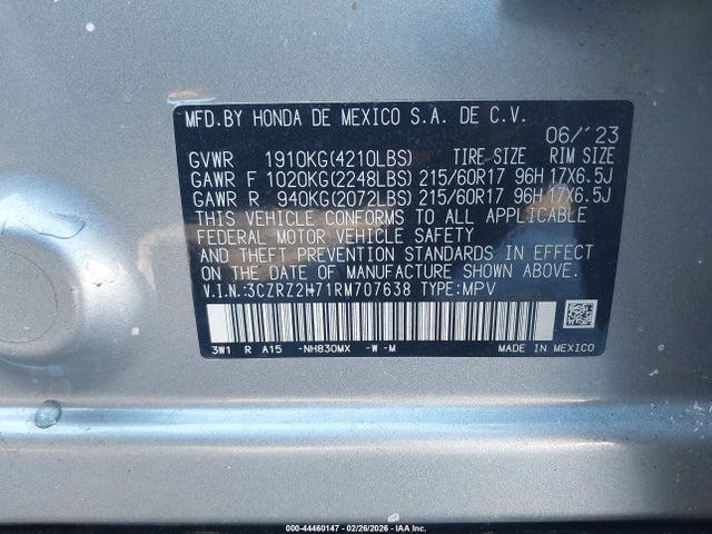 3CZRZ2H71RM707638 Honda Hr-v Awd Ex-l/awd Ex-l W/o Bsi
