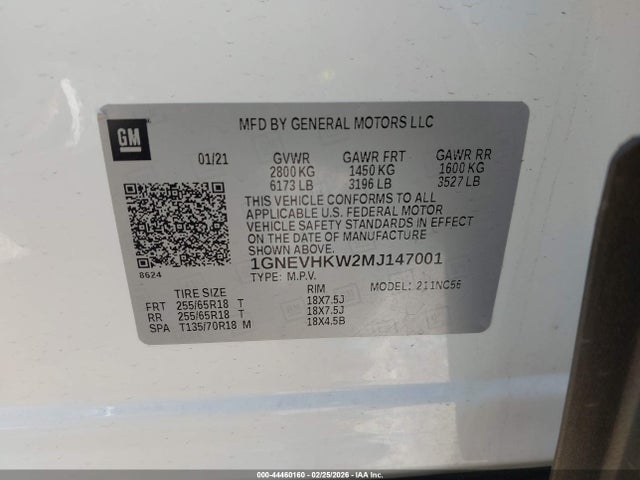 1GNEVHKW2MJ147001 Chevrolet Traverse Awd Lt Leather