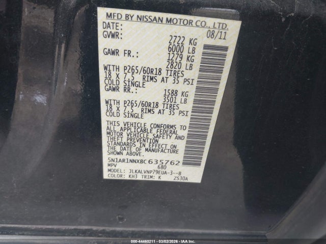 Продаж на аукціоні авто 2011 Nissan Pathfinder Le, vin: 5N1AR1NNXBC635762, номер лоту: 44460211