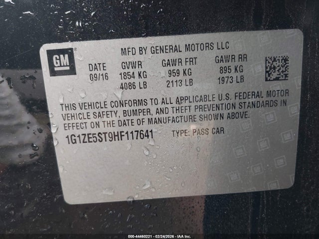 44460221 :رقم المزاد ، 1G1ZE5ST9HF117641 vin ، 2017 Chevrolet Malibu 1lt مزاد بيع