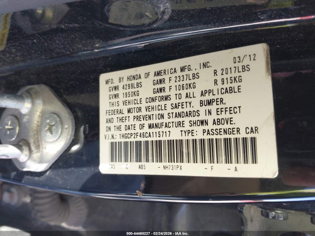 44460227 :رقم المزاد ، 1HGCP2F46CA115717 vin ، 2012 Honda Accord 2.4 Lx-p مزاد بيع