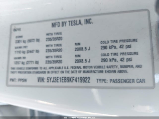 Aukcja sprzedaży 2019 Tesla Model 3 Long Range/performance, vin: 5YJ3E1EB9KF419922, numer aukcji: 44460230