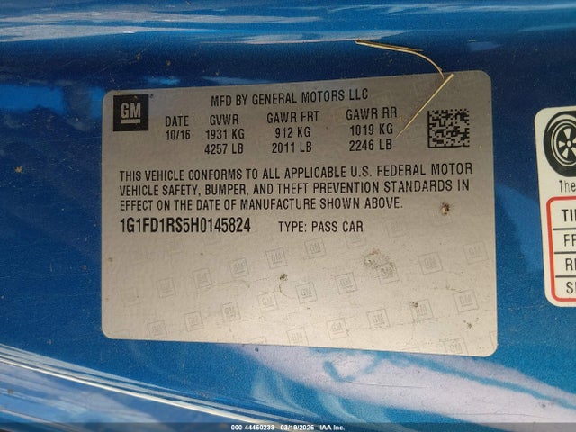 2017 Chevrolet Camaro 2lt მანქანა იყიდება აუქციონზე, vin: 1G1FD1RS5H0145824, აუქციონის ნომერი: 44460233