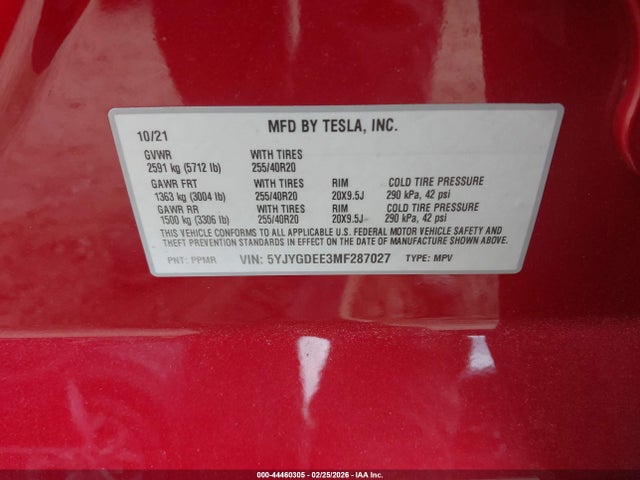 Продаж на аукціоні авто 2021 Tesla Model Y Long Range Dual Motor All-wheel Drive, vin: 5YJYGDEE3MF287027, номер лоту: 44460305