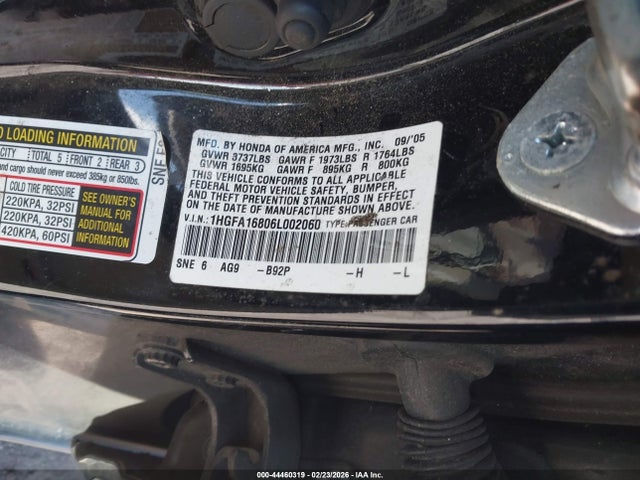 Продажа на аукционе авто 2006 Honda Civic Ex, vin: 1HGFA16806L002060, номер лота: 44460319