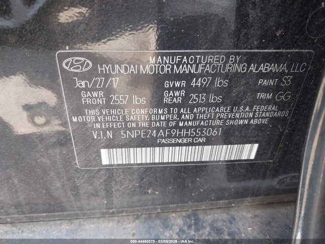 Aukcja sprzedaży 2017 Hyundai Sonata Se, vin: 5NPE24AF9HH553061, numer aukcji: 44460370