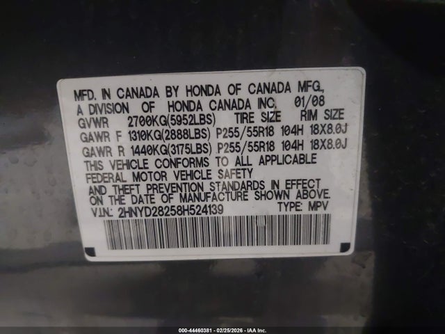 44460381 :رقم المزاد ، 2HNYD28258H524139 vin ، 2008 Acura Mdx مزاد بيع