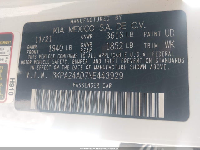 3KPA24AD7NE443929 KIA RIO S