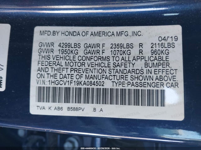 Honda ACCORD LX 2019 1HGCV1F19KA084502 Image 9
