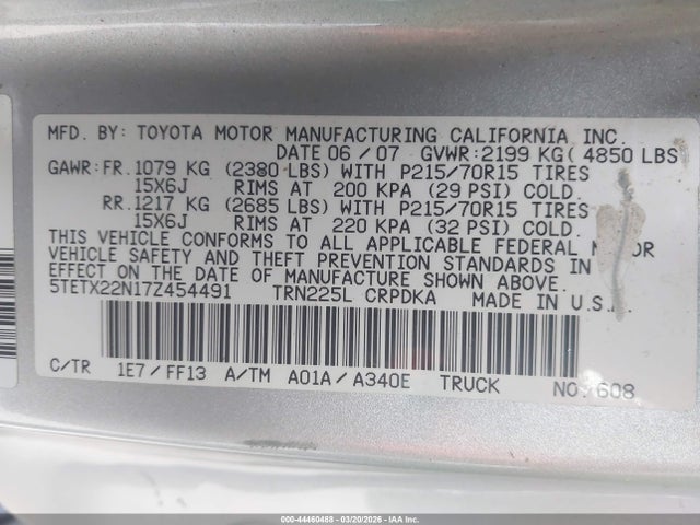 44460488 :رقم المزاد ، 5TETX22N17Z454491 vin ، 2007 Toyota Tacoma مزاد بيع