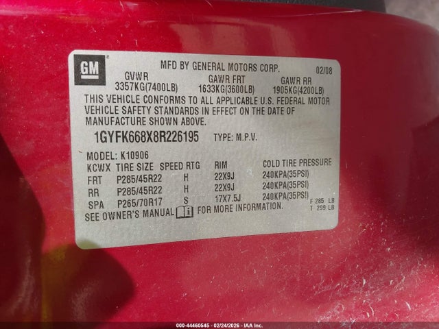 2008 CADILLAC ESCALADE ESV 1GYFK668X8R226195 Photo 8