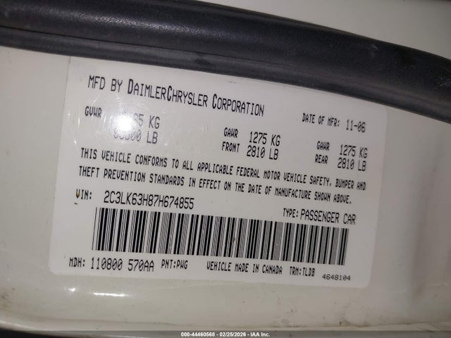 Продажа на аукционе авто 2007 Chrysler 300c, vin: 2C3LK63H87H674855, номер лота: 44460568