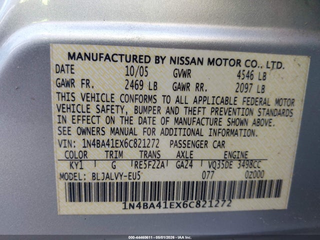 Aukcja sprzedaży 2006 Nissan Maxima 3.5 Se, vin: 1N4BA41EX6C821272, numer aukcji: 44460611