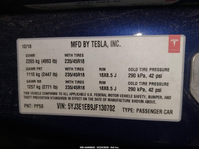 Aukcja sprzedaży 2018 Tesla Model 3 Long Range/performance, vin: 5YJ3E1EB9JF130702, numer aukcji: 44460645