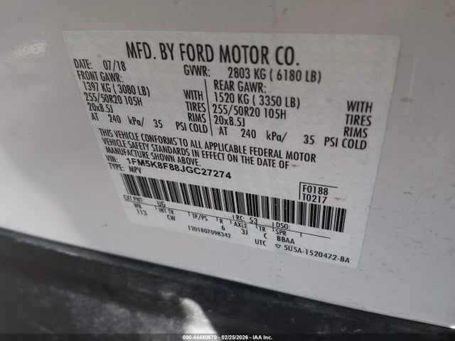 Продаж на аукціоні авто 2018 Ford Explorer Limited, vin: 1FM5K8F88JGC27274, номер лоту: 44460670