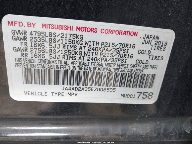44460677 :رقم المزاد ، JA4AD2A35EZ006595 vin ، 2014 Mitsubishi Outlander Es مزاد بيع