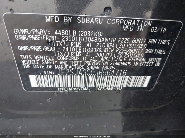 Aukcja sprzedaży 2018 Subaru Forester 2.5i Premium, vin: JF2SJAGC0JH564716, numer aukcji: 44460679