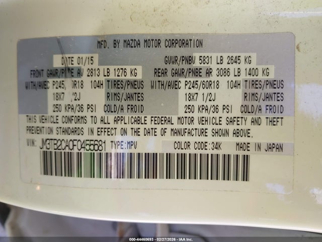 Aukcja sprzedaży 2015 Mazda Cx-9 Touring, vin: JM3TB2CA0F0455681, numer aukcji: 44460693