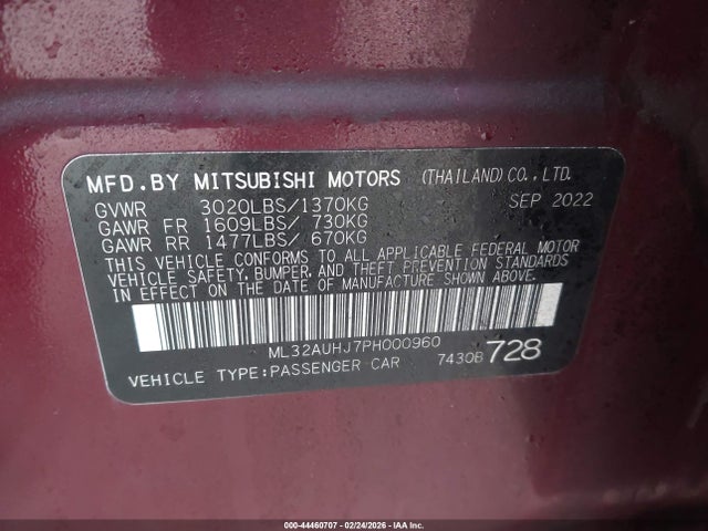 Продаж на аукціоні авто 2023 Mitsubishi Mirage Es/le, vin: ML32AUHJ7PH000960, номер лоту: 44460707