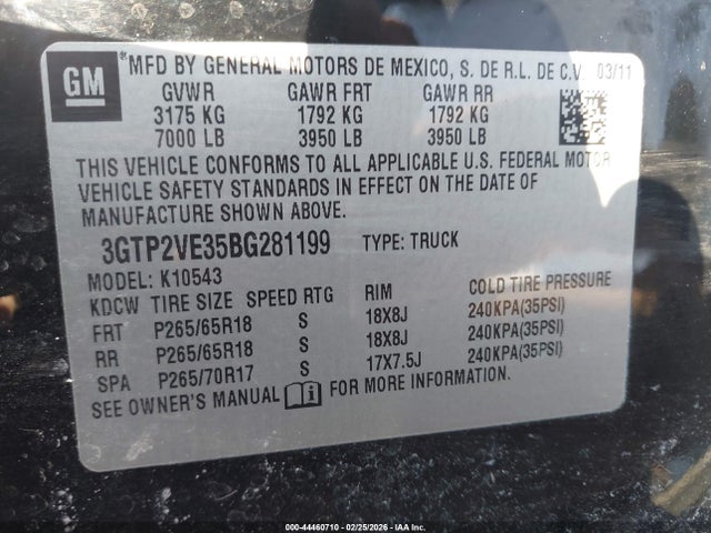 44460710 :رقم المزاد ، 3GTP2VE35BG281199 vin ، 2011 Gmc Sierra 1500 Sle مزاد بيع