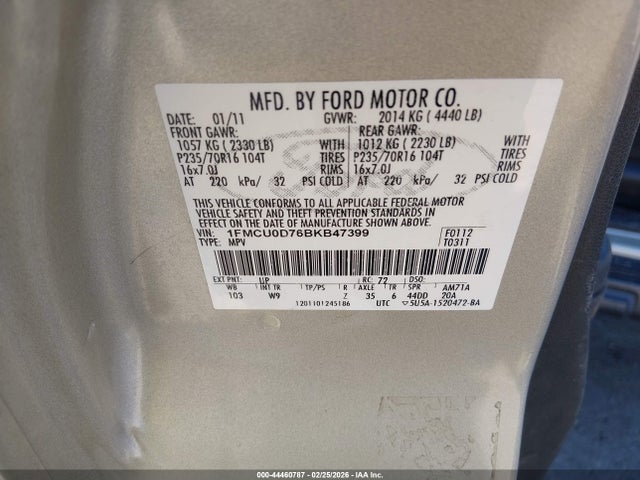 2011 Ford Escape Xlt მანქანა იყიდება აუქციონზე, vin: 1FMCU0D76BKB47399, აუქციონის ნომერი: 44460787
