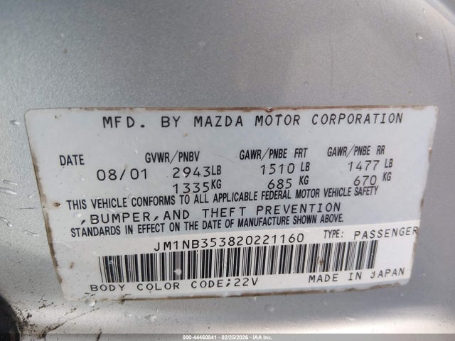 44460841 :رقم المزاد ، JM1NB353820221160 vin ، 2002 Mazda Mx-5 Miata Cloth/ls/se مزاد بيع