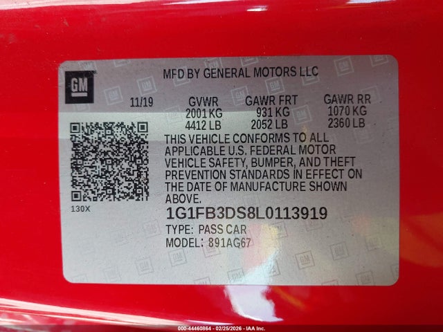 2020 Chevrolet Camaro Rwd  1lt მანქანა იყიდება აუქციონზე, vin: 1G1FB3DS8L0113919, აუქციონის ნომერი: 44460864