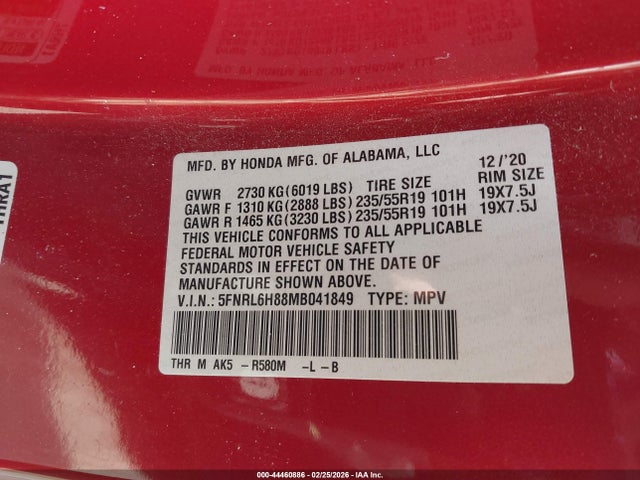 2021 HONDA ODYSSEY 5FNRL6H88MB041849 Photo 8