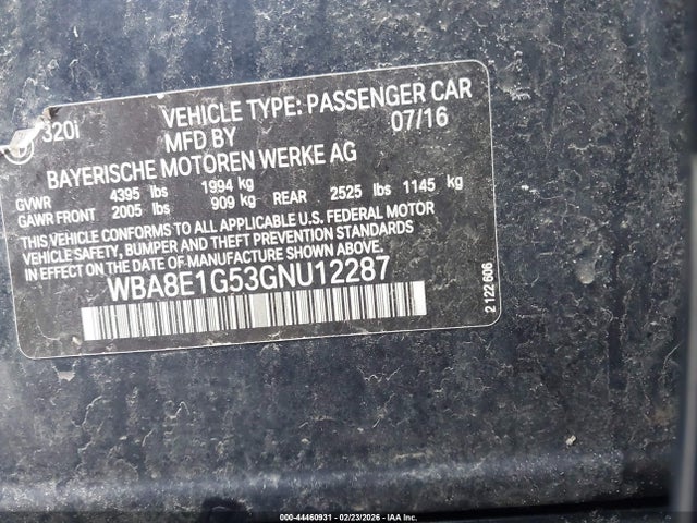 44460931 :رقم المزاد ، WBA8E1G53GNU12287 vin ، 2016 Bmw 320i مزاد بيع