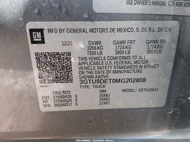 2021 Gmc Sierra 1500 4wd  Short Box Slt მანქანა იყიდება აუქციონზე, vin: 3GTU9DET0MG202808, აუქციონის ნომერი: 44460952