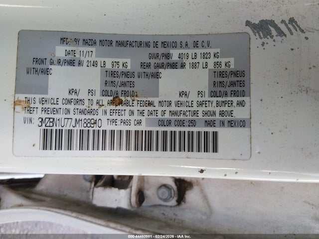 2018 Mazda Mazda3 Sport მანქანა იყიდება აუქციონზე, vin: 3MZBN1U77JM188910, აუქციონის ნომერი: 44460981