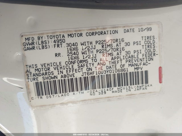 Продаж на аукціоні авто 2000 Lexus Rx 300, vin: JT6HF10U3Y0106861, номер лоту: 44461010