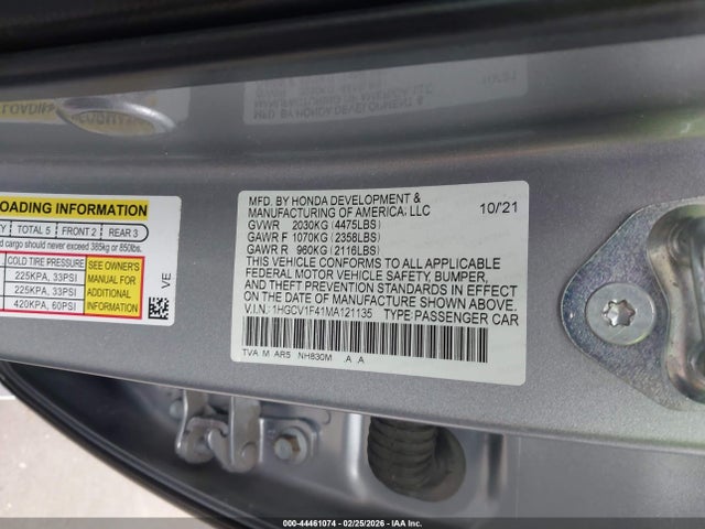 Aukcja sprzedaży 2021 Honda Accord Sport Special Edition, vin: 1HGCV1F41MA121135, numer aukcji: 44461074