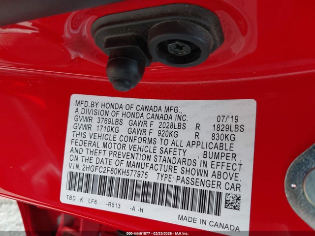 Honda Civic Lx 2019 2HGFC2F60KH577975 Image 9