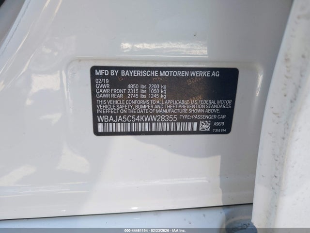 44461194 :رقم المزاد ، WBAJA5C54KWW28355 vin ، 2019 Bmw 530i مزاد بيع