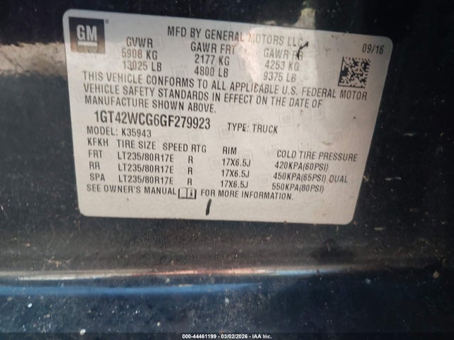 Aukcja sprzedaży 2016 Gmc Sierra 3500hd Sle, vin: 1GT42WCG6GF279923, numer aukcji: 44461199