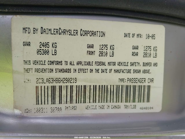 2006 Chrysler 300c მანქანა იყიდება აუქციონზე, vin: 2C3LA63H86H290219, აუქციონის ნომერი: 44461206