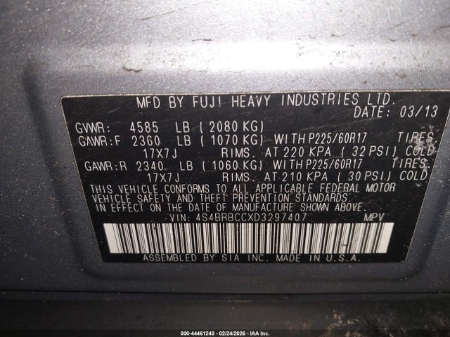 Продаж на аукціоні авто 2013 Subaru Outback 2.5i Premium, vin: 4S4BRBCCXD3297407, номер лоту: 44461240