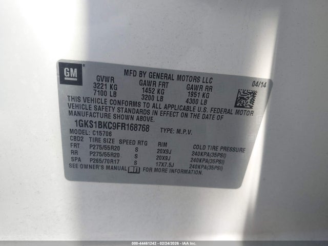 Продаж на аукціоні авто 2015 Gmc Yukon Slt, vin: 1GKS1BKC9FR168768, номер лоту: 44461242