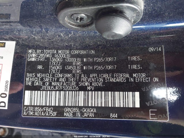 Toyota 4RUNNER SR5 2015 JTEBU5JR7F5208326 Image 9