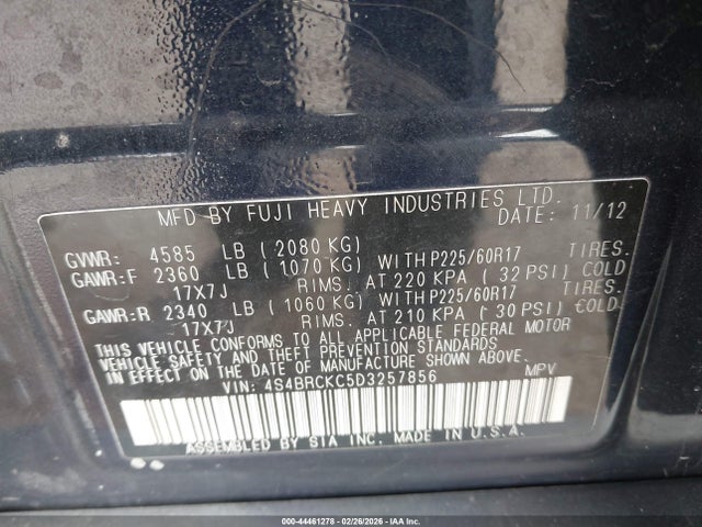 2013 Subaru Outback 2.5i Limited მანქანა იყიდება აუქციონზე, vin: 4S4BRCKC5D3257856, აუქციონის ნომერი: 44461278