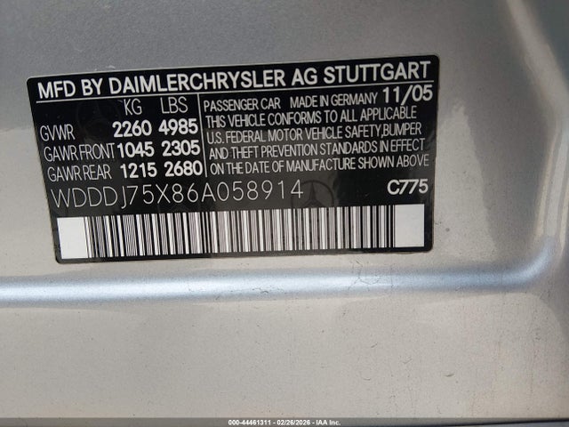 44461311 :رقم المزاد ، WDDDJ75X86A058914 vin ، 2006 Mercedes-benz Cls 500 مزاد بيع