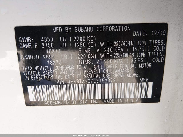 44461330 :رقم المزاد ، 4S4BTANC7L3152879 vin ، 2020 Subaru Outback Limited مزاد بيع