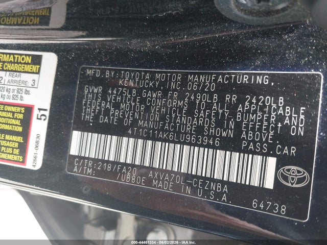 44461334 :رقم المزاد ، 4T1C11AK6LU963946 vin ، 2020 Toyota Camry Le مزاد بيع